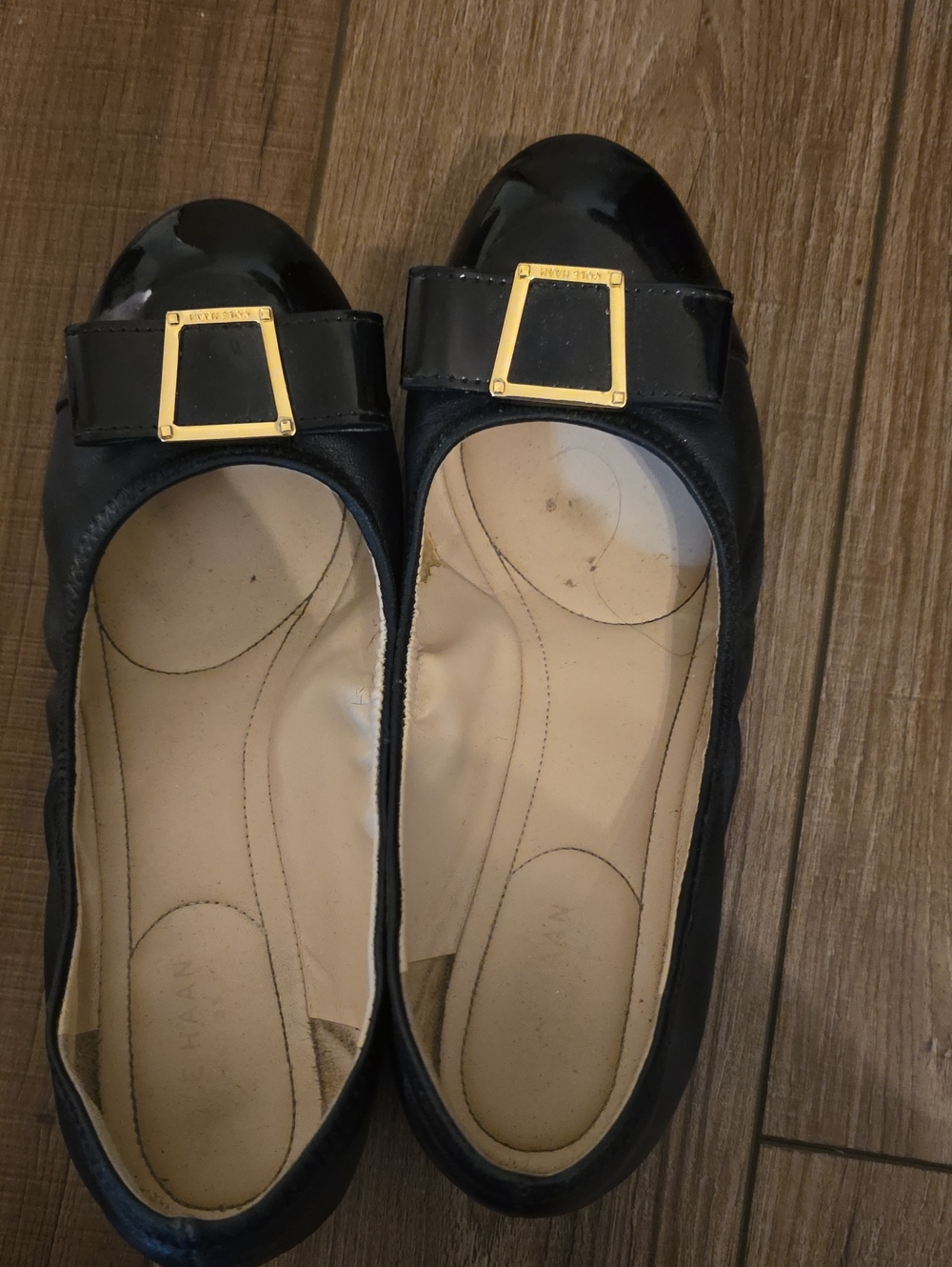 Cole Haan Black Patent Leather Ballet Flats with Gold Buckle